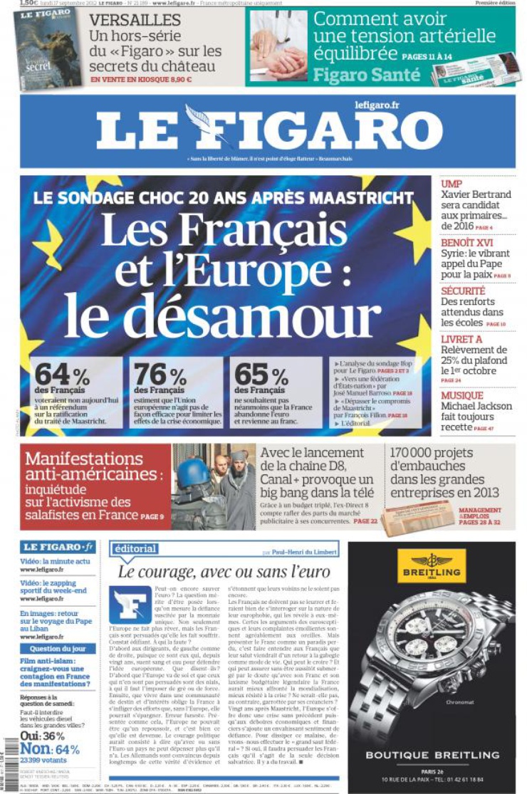 El diario francés abrió el pasado 17 de septiembre con un titular que alertaba del euroescepticismo en el país galo. 