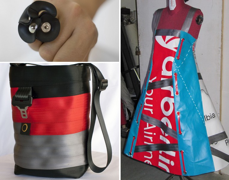 Bague de chambre à air, robe patchwork pour défilé de mode, sac fait de vieilles ceintures de voiture