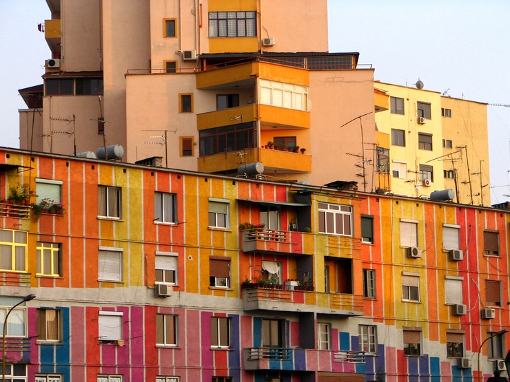 One of the formerly grey buildings across the Lana river; all the old buildings are painted like this one under mayor Edi Rama's initiative